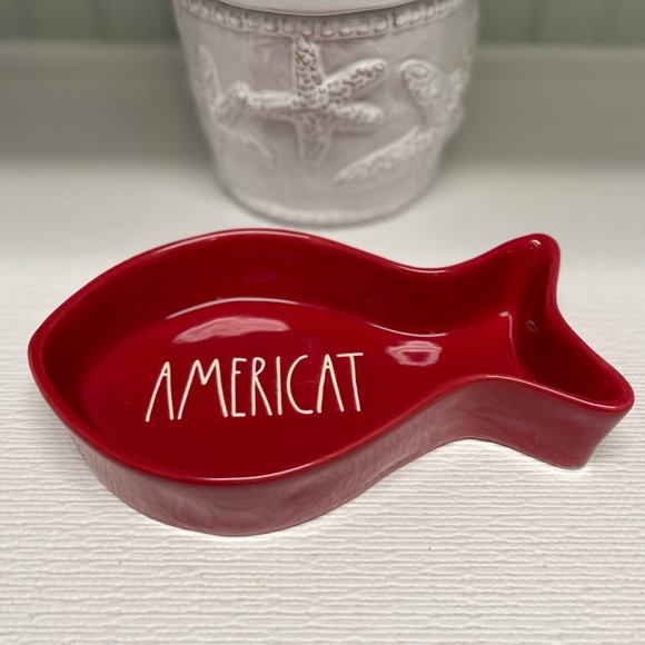 Rae Dunn Other - NIB Rae Dunn "AMERICAT" Patriotic Ceramic Fish Shaped Cat Bowl/Dish
